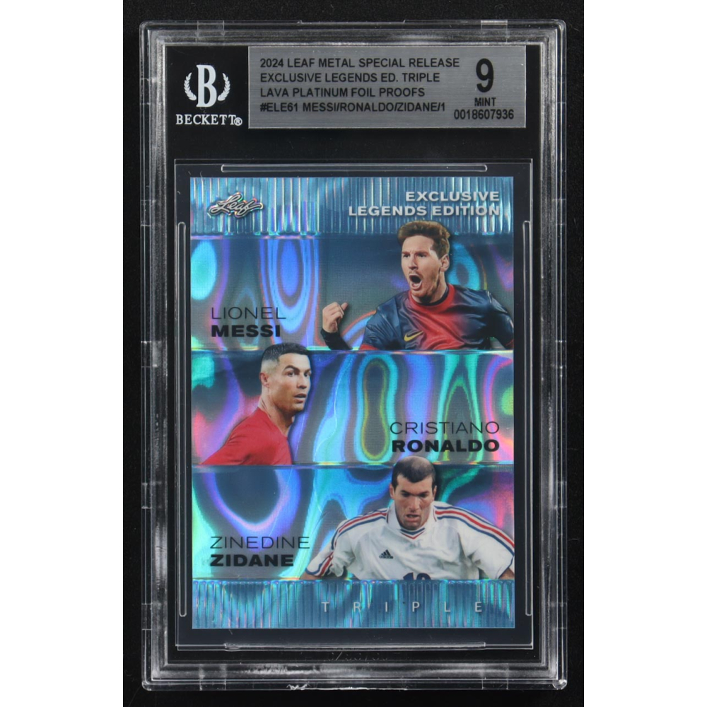 Lionel Messi / Zinedine Zidane / Cristiano Ronaldo 2024 Leaf Metal Special Release Exclusive Legends Ed. Triple Lava Platinum Foil Proofs #ELE61 (BGS 9) at PristineAuction.com