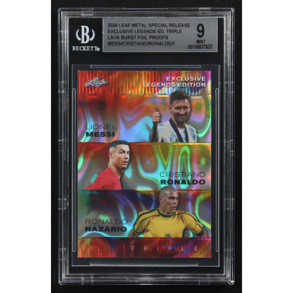 Lionel Messi / Ronaldo Nazario / Cristiano Ronaldo 2024 Leaf Metal Special Release Exclusive Legends Ed. Triple Lava Burst Foil Proofs (BGS 9) at PristineAuction.com