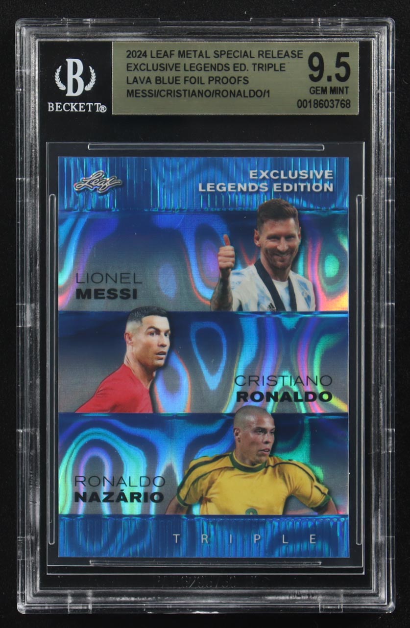 Lionel Messi / Ronaldo Nazario / Cristiano Ronaldo 2024 Leaf Metal Special Release Exclusive Legends Ed. Triple Lava Blue Foil Proofs (BGS 9.5) at PristineAuction.com Lionel Messi / Ronaldo Nazario / Cristiano Ronaldo 2024 Leaf Metal Special Release Exclusive Legends Ed. Triple Lava Blue Foil Proofs (BGS 9.5) at PristineAuction.com