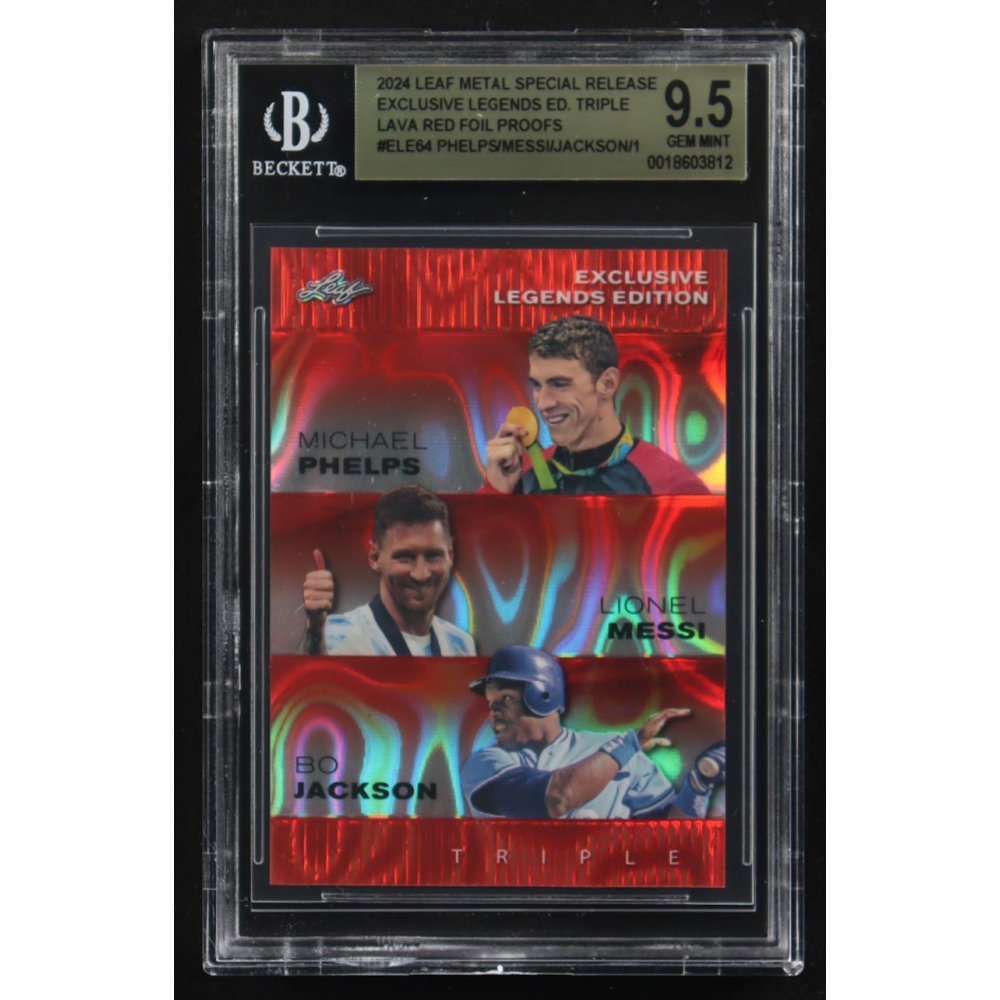 Lionel Messi / Michael Phelps / Bo Jackson 2024 Leaf Metal Special Release Exclusive Legends Ed. Triple Lava Red Foil Proofs #ELE64 (BGS 9.5) at PristineAuction.com