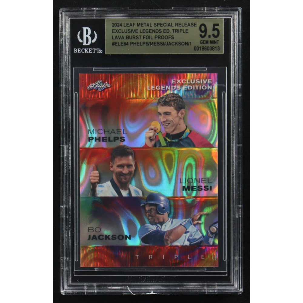 Lionel Messi / Michael Phelps / Bo Jackson 2024 Leaf Metal Special Release Exclusive Legends Ed. Triple Lava Burst Foil Proofs #ELE64 (BGS 9.5) at PristineAuction.com