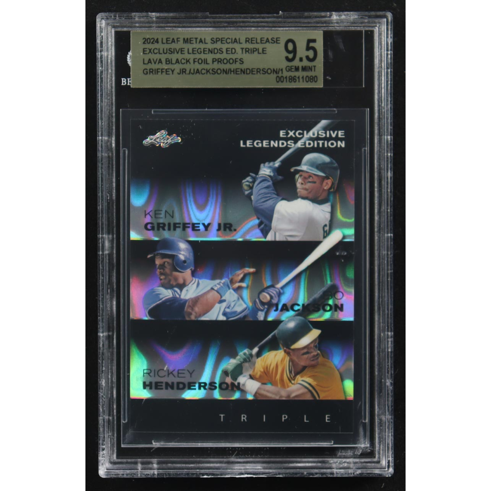 Ken Griffey Jr. / Bo Jackson / Rickey Henderson 2024 Leaf Metal Special Release Exclusive Legends Ed. Triple Lava Black Foil Proofs (BGS 9.5) at PristineAuction.com