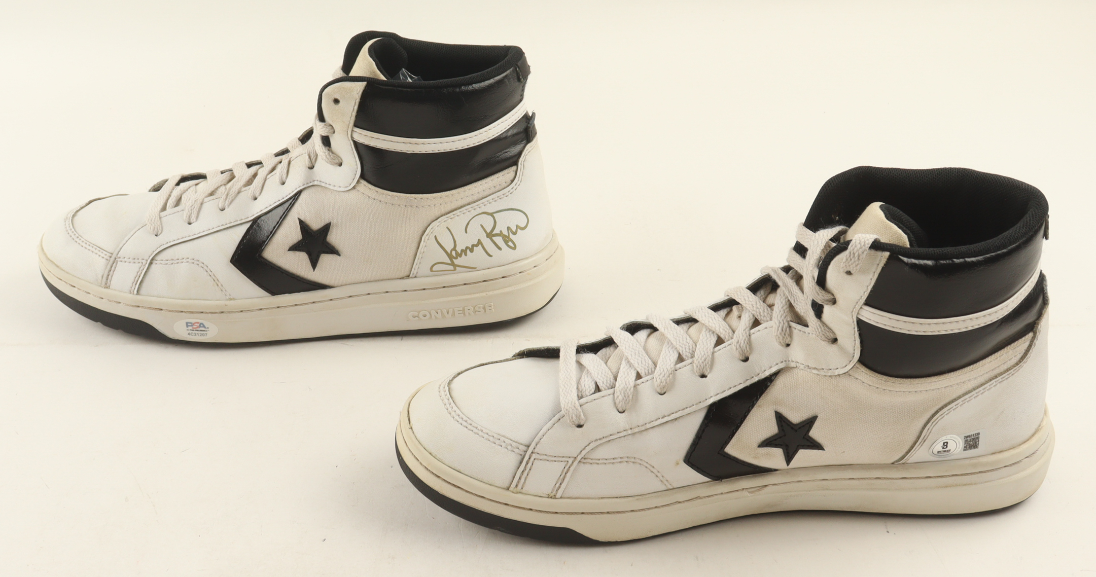 Magic Johnson & Larry Bird Signed Converse All Star Leather Shoes With Wood & Glass Display Case (PSA & Beckett) at PristineAuction.com Magic Johnson & Larry Bird Signed Converse All Star Leather Shoes With Wood & Glass Display Case (PSA & Beckett) at PristineAuction.com