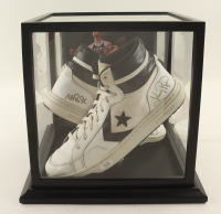 Magic Johnson & Larry Bird Signed Converse All Star Leather Shoes With Wood & Glass Display Case (PSA & Beckett) at PristineAuction.com
