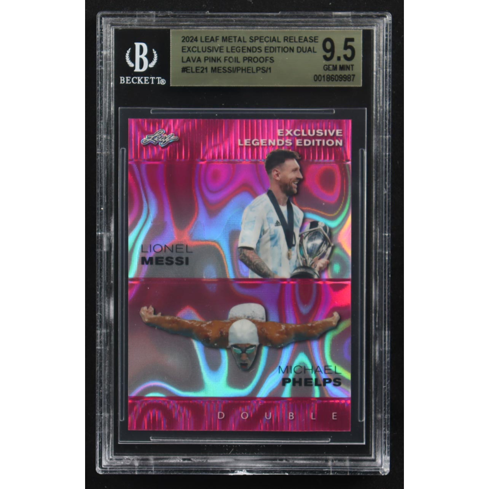 Lionel Messi / Michael Phelps 2024 Leaf Metal Special Release Exclusive Legends Ed. Dual Lava Pink Foil Proofs #ELE21 (BGS 9.5) at PristineAuction.com