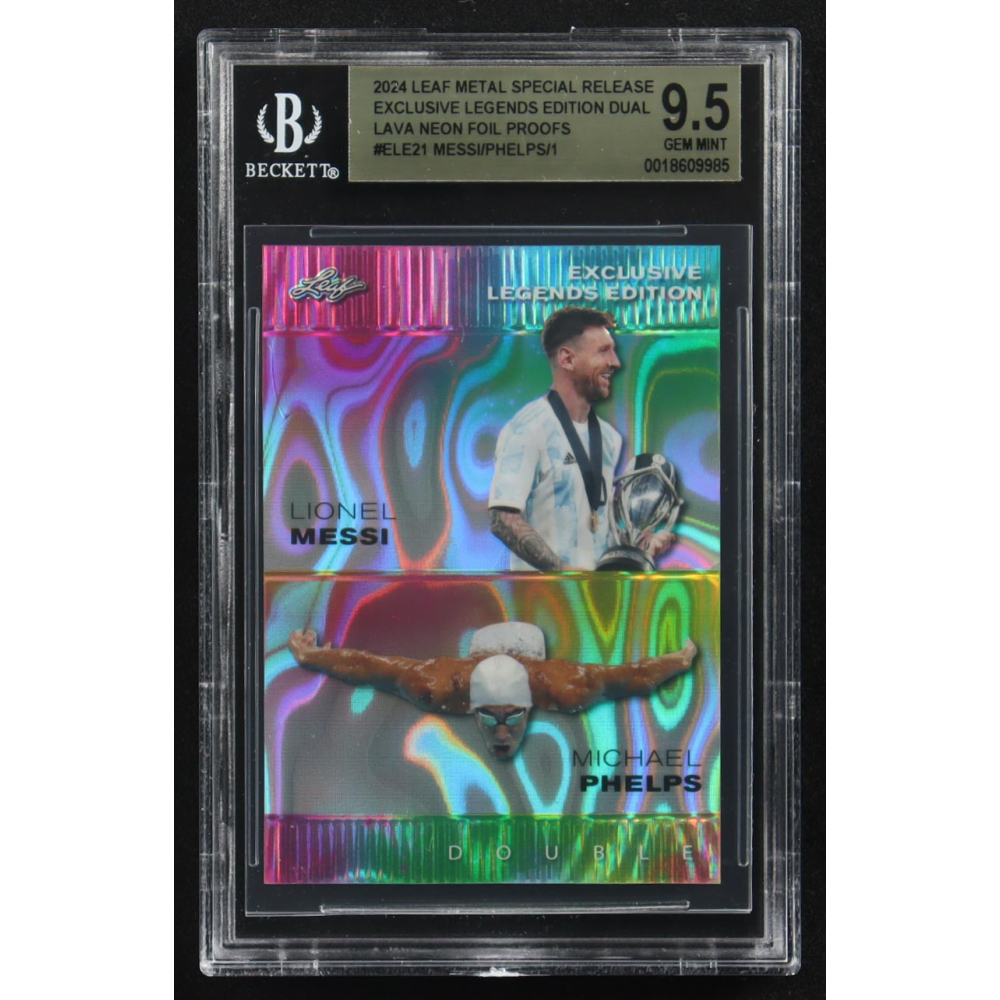 Lionel Messi / Michael Phelps 2024 Leaf Metal Special Release Exclusive Legends Ed. Dual Lava Neon Foil Proofs #ELE21 (BGS 9.5) at PristineAuction.com