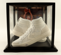 Larry Bird Signed Converse All Star White Leather Shoes With Wood & Glass Display Case (PSA) at PristineAuction.com