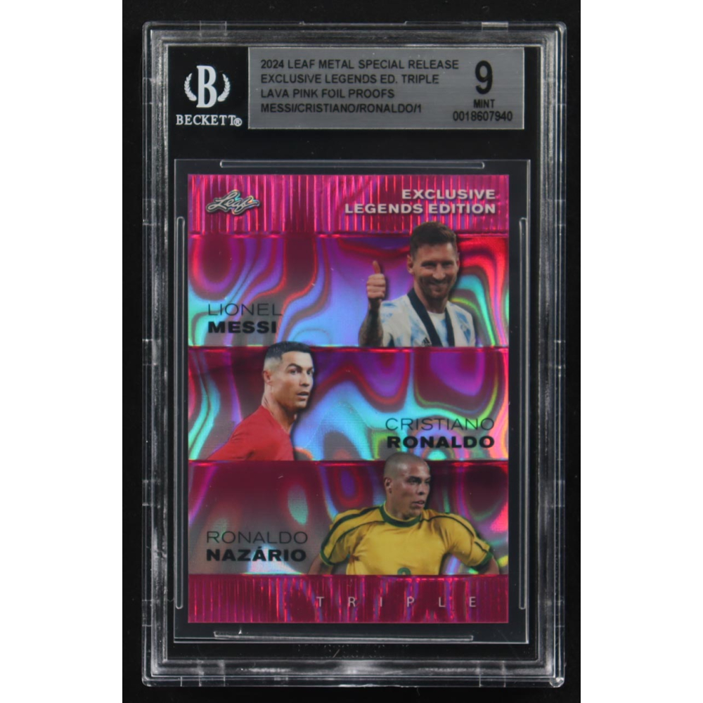 Lionel Messi / Cristiano Ronaldo / Ronaldo Nazario 2024 Leaf Metal Special Release Exclusive Legends Ed. Triple Lava Pink Foil Proofs (BGS 9) at PristineAuction.com