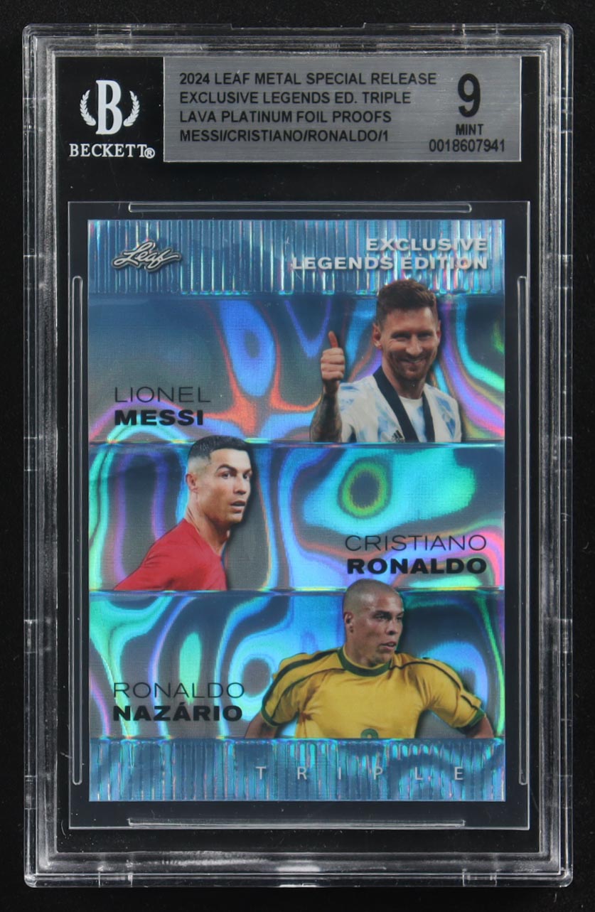 Lionel Messi / Cristiano Ronaldo / Ronaldo Nazario 2024 Leaf Metal Special Release Exclusive Legends Ed. Triple Lava Platinum Foil Proofs (BGS 9) at PristineAuction.com Lionel Messi / Cristiano Ronaldo / Ronaldo Nazario 2024 Leaf Metal Special Release Exclusive Legends Ed. Triple Lava Platinum Foil Proofs (BGS 9) at PristineAuction.com