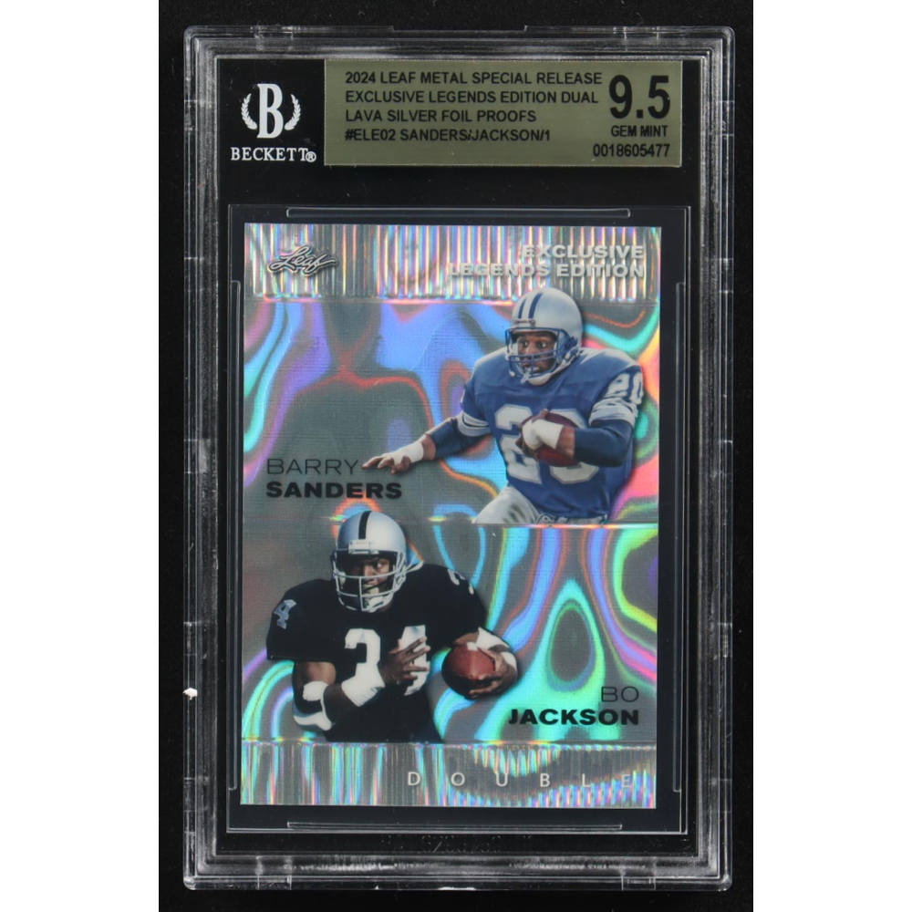 Bo Jackson / Barry Sanders 2024 Leaf Metal Special Release Exclusive Legends Ed. Dual Lava Silver Foil Proofs #ELE02 (BGS 9.5) at PristineAuction.com