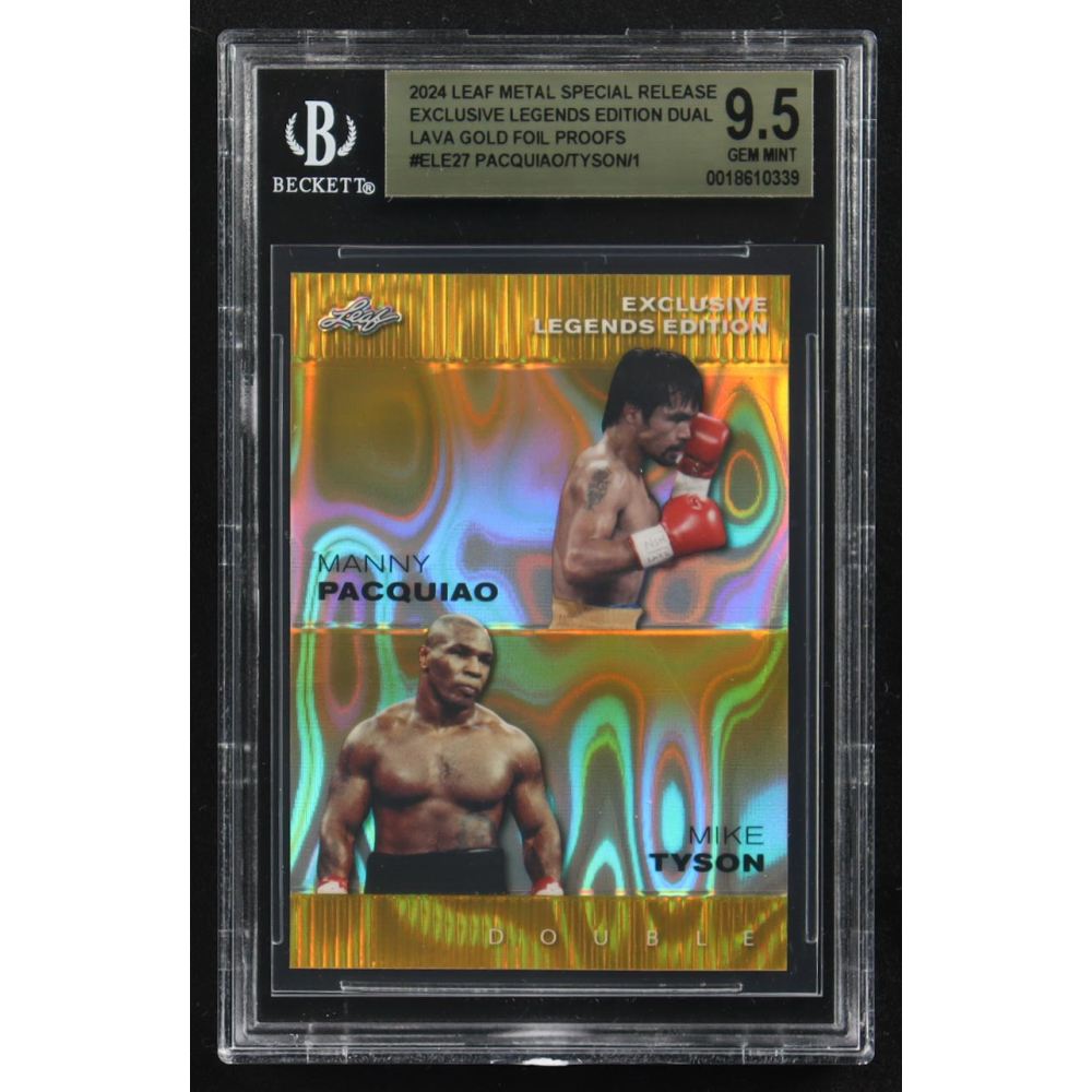 Mike Tyson / Manny Pacquiao 2024 Leaf Metal Special Release Exclusive Legends Ed. Dual Lava Gold Foil Proofs #ELE27 (BGS 9.5) at PristineAuction.com