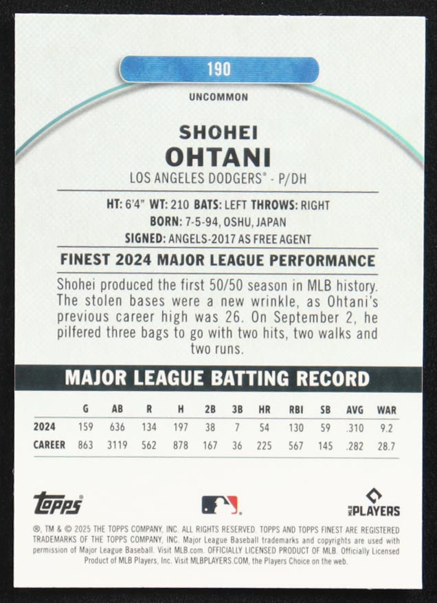 Shohei Ohtani 2025 Finest Checkerboard Refractors #190 at PristineAuction.com Shohei Ohtani 2025 Finest Checkerboard Refractors #190 at PristineAuction.com