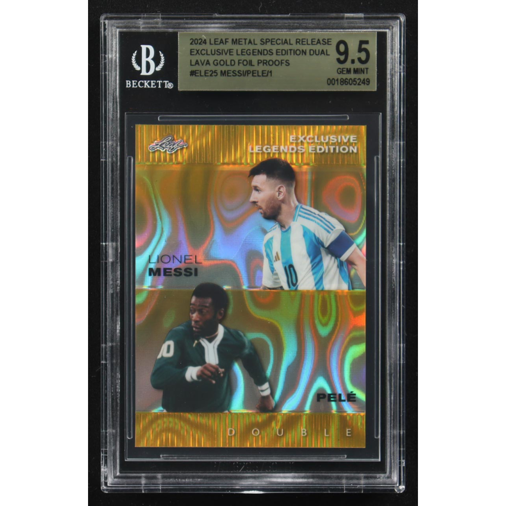 Lionel Messi / Pele 2024 Leaf Metal Special Release Exclusive Legends Ed. Dual Lava Gold Foil Proofs #ELE25 (BGS 9.5) at PristineAuction.com