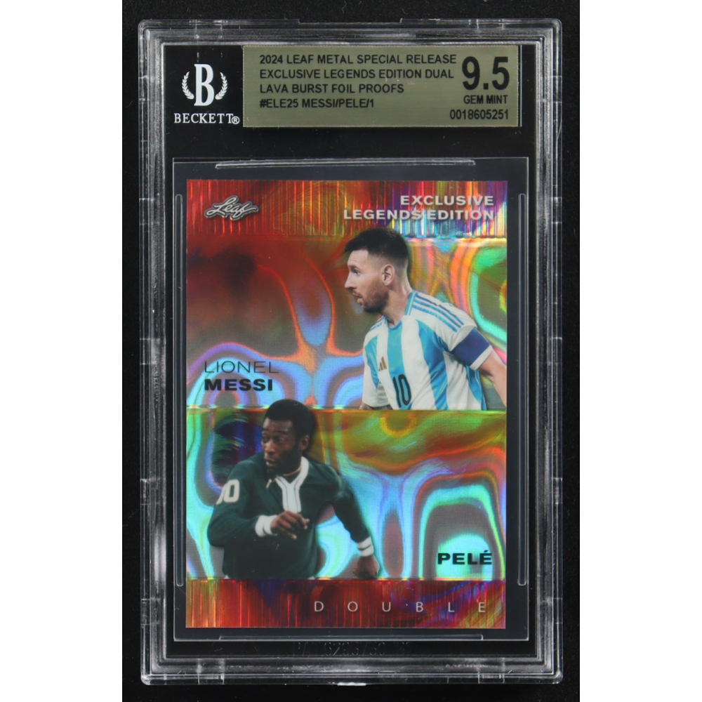 Lionel Messi / Pele 2024 Leaf Metal Special Release Exclusive Legends Ed. Dual Lava Burst Foil Proofs #ELE25 (BGS 9.5) at PristineAuction.com