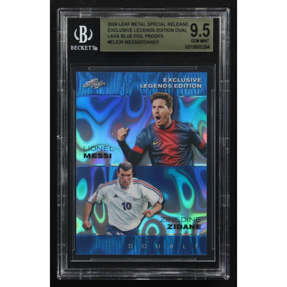 Lionel Messi / Zinedine Zidane 2024 Leaf Metal Special Release Exclusive Legends Ed. Dual Lava Blue Foil Proofs #ELE26 (BGS 9.5) at PristineAuction.com