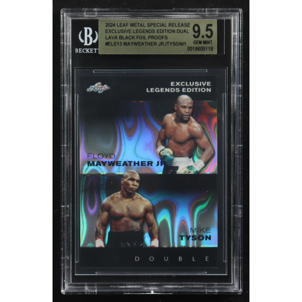 Mike Tyson / Floyd Mayweather Jr. 2024 Leaf Metal Special Release Exclusive Legends Ed. Dual Lava Black Foil Proofs #ELE13 (BGS 9.5) at PristineAuction.com