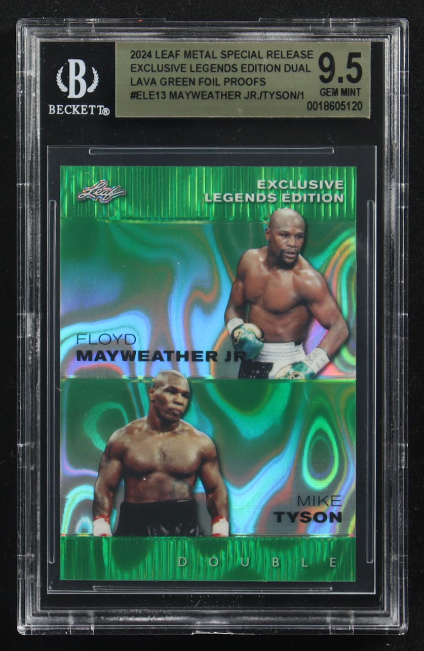 Mike Tyson / Floyd Mayweather Jr. 2024 Leaf Metal Special Release Exclusive Legends Ed. Dual Lava Green Foil Proofs #ELE13 (BGS 9.5) at PristineAuction.com Mike Tyson / Floyd Mayweather Jr. 2024 Leaf Metal Special Release Exclusive Legends Ed. Dual Lava Green Foil Proofs #ELE13 (BGS 9.5) at PristineAuction.com