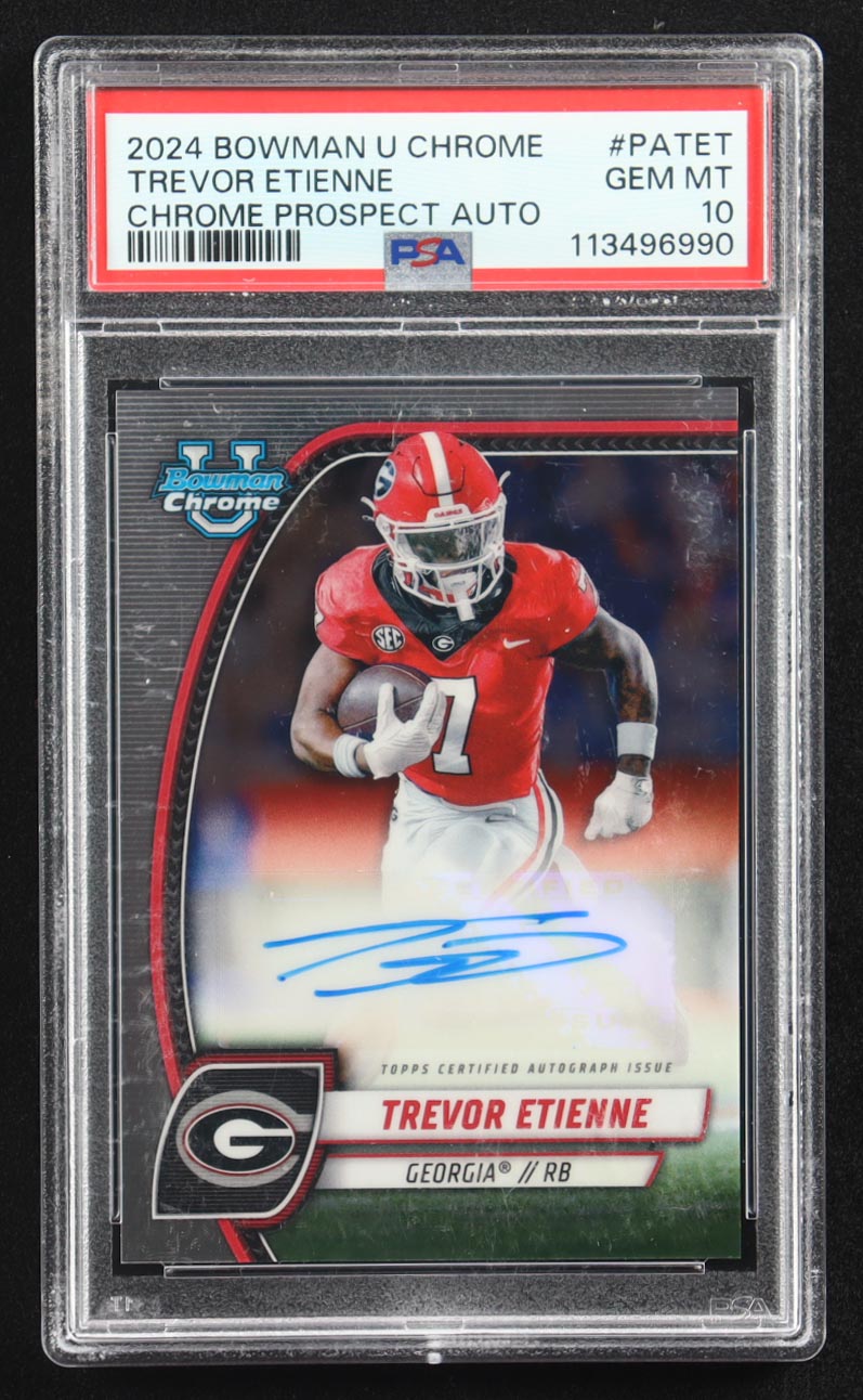 Trevor Etienne 2024 Bowman Chrome University Prospect Autographs #PATET RC (PSA 10) at PristineAuction.com Trevor Etienne 2024 Bowman Chrome University Prospect Autographs #PATET RC (PSA 10) at PristineAuction.com