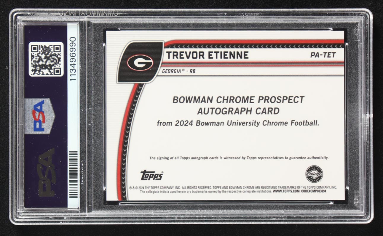 Trevor Etienne 2024 Bowman Chrome University Prospect Autographs #PATET RC (PSA 10) at PristineAuction.com Trevor Etienne 2024 Bowman Chrome University Prospect Autographs #PATET RC (PSA 10) at PristineAuction.com