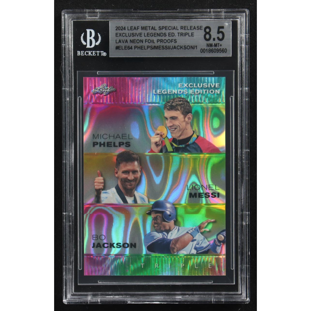 Lionel Messi / Michael Phelps / Bo Jackson 2024 Leaf Metal Special Release Exclusive Legends Ed. Triple Lava Neon Foil Proofs #ELE64 (BGS 8.5) at PristineAuction.com