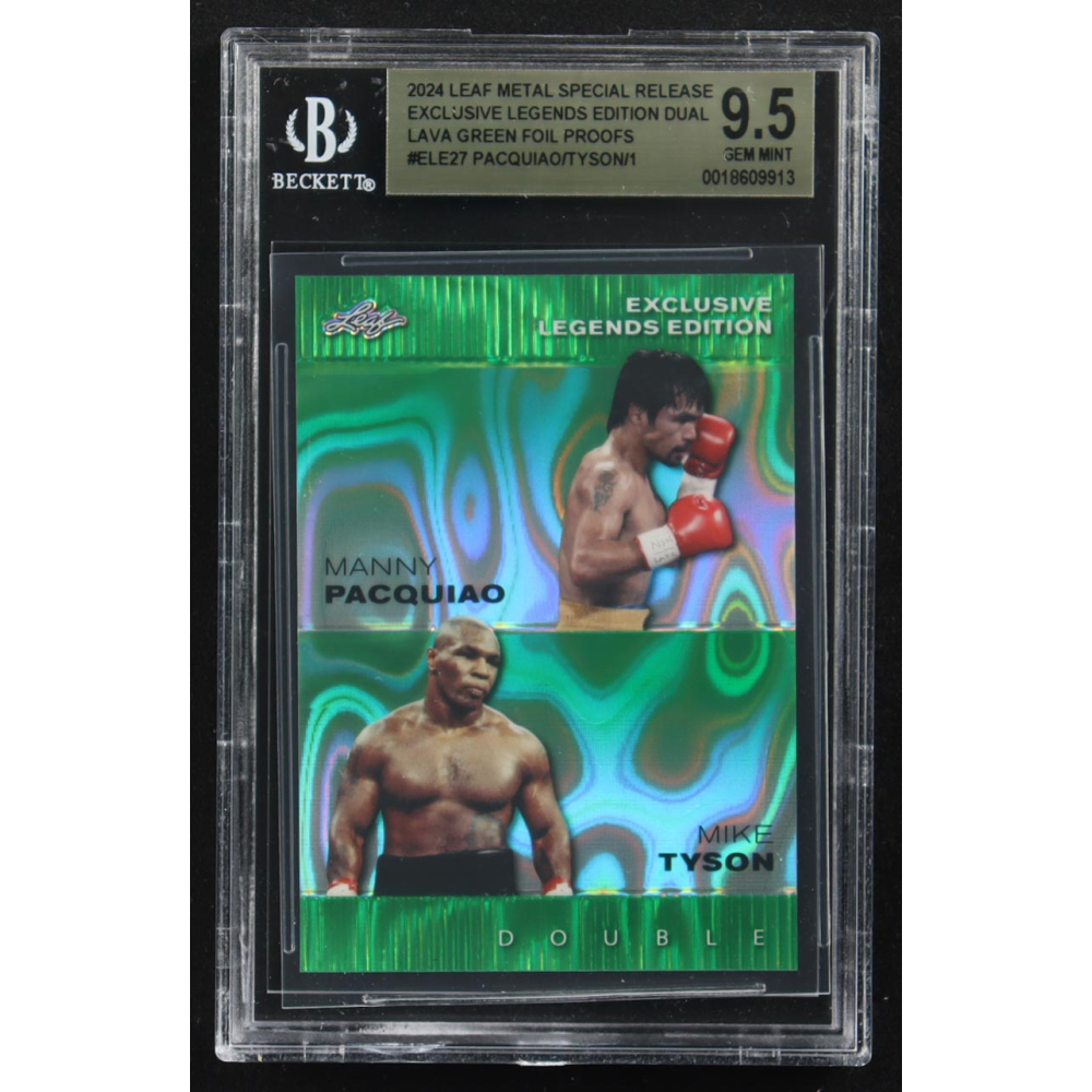 Mike Tyson / Manny Pacquiao 2024 Leaf Metal Special Release Exclusive Legends Ed. Dual Lava Green Foil Proofs #ELE27 #1/1 (BGS 9.5) at PristineAuction.com