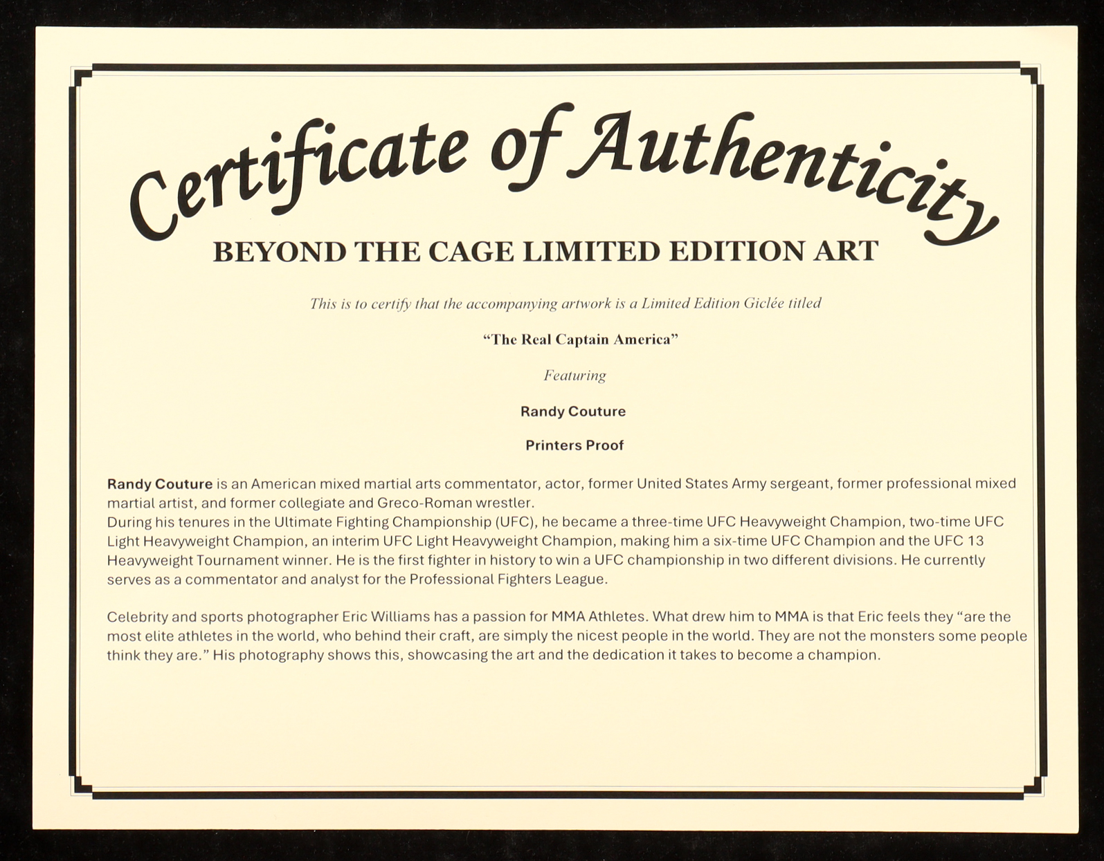 Randy Couture Signed "The Real Captain America" Art Giclee by Eric Williams (Beyond The Cage) at PristineAuction.com Randy Couture Signed "The Real Captain America" Art Giclee by Eric Williams (Beyond The Cage) at PristineAuction.com