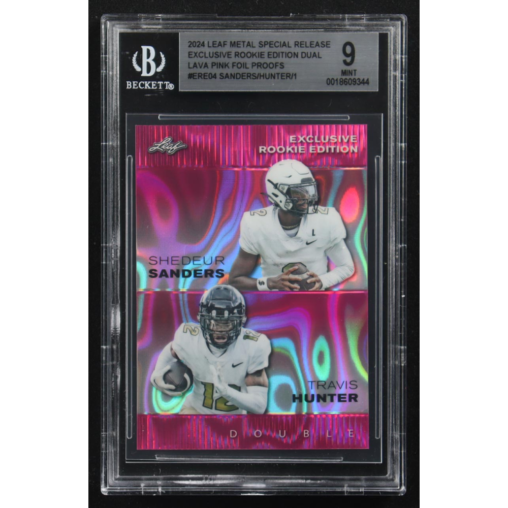 Shedeur Sanders / Travis Hunter 2024 Leaf Metal Special Release Exclusive Rookie Ed. Dual Lava Pink Foil Proofs #ERE04 RC #1/1 (BGS 9) at PristineAuction.com