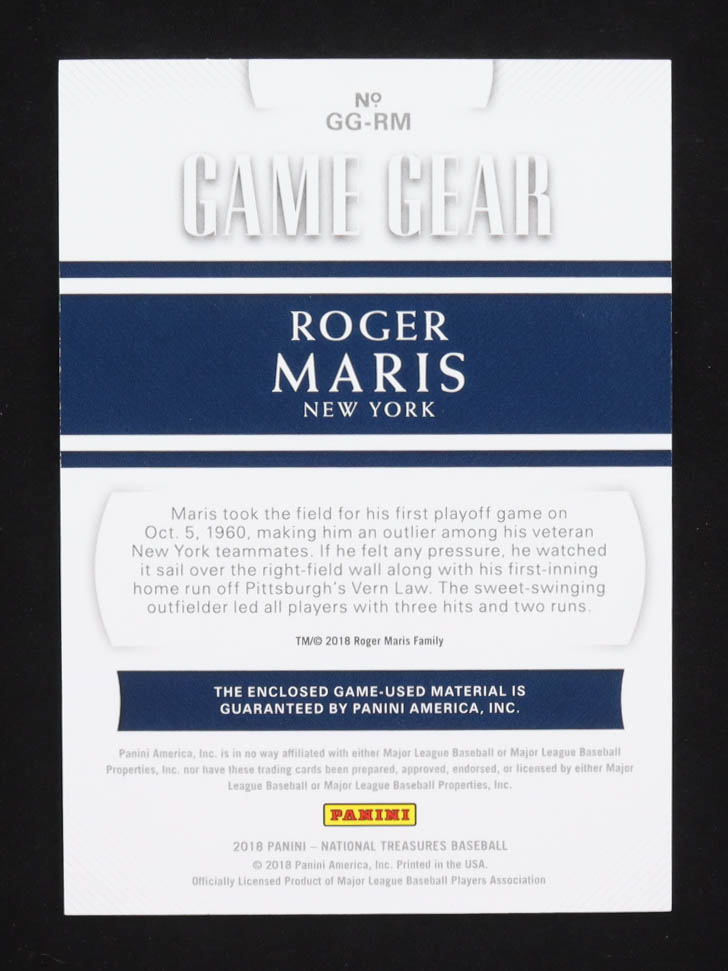 Roger Maris 2018 Panini National Treasures Game Gear #9 #27/49 at PristineAuction.com Roger Maris 2018 Panini National Treasures Game Gear #9 #27/49 at PristineAuction.com