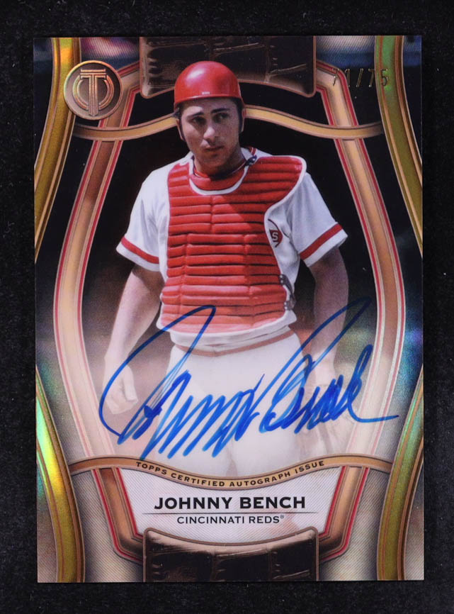Johnny Bench 2025 Topps Tribute Pillars of the Game Autographs Gold #PTGAJB #71/75 at PristineAuction.com Johnny Bench 2025 Topps Tribute Pillars of the Game Autographs Gold #PTGAJB #71/75 at PristineAuction.com
