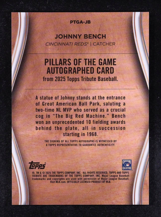 Johnny Bench 2025 Topps Tribute Pillars of the Game Autographs Gold #PTGAJB #71/75 at PristineAuction.com Johnny Bench 2025 Topps Tribute Pillars of the Game Autographs Gold #PTGAJB #71/75 at PristineAuction.com