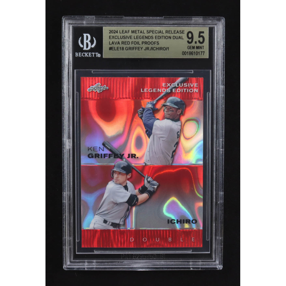 Ken Griffey Jr. / Ichiro Suzuki 2024 Leaf Metal Special Release Exclusive Legends Ed. Dual Lava Red Foil Proofs #ELE18 #1/1 (BGS 9.5) at PristineAuction.com