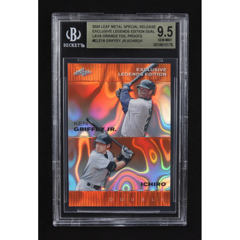 Ken Griffey Jr. / Ichiro Suzuki 2024 Leaf Metal Special Release Exclusive Legends Ed. Dual Lava Orange Foil Proofs #ELE18 #1/1 (BGS 9.5) at PristineAuction.com