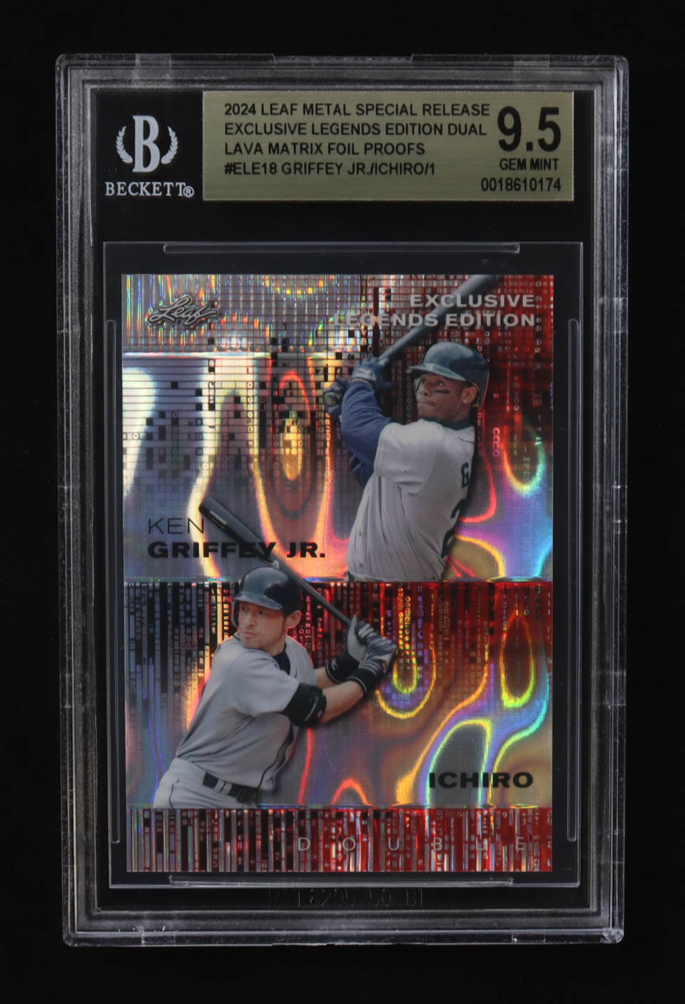 Ken Griffey Jr. / Ichiro Suzuki 2024 Leaf Metal Special Release Exclusive Legends Ed. Dual Lava Matrix Foil Proofs #ELE18 #1/1 (BGS 9.5) at PristineAuction.com Ken Griffey Jr. / Ichiro Suzuki 2024 Leaf Metal Special Release Exclusive Legends Ed. Dual Lava Matrix Foil Proofs #ELE18 #1/1 (BGS 9.5) at PristineAuction.com