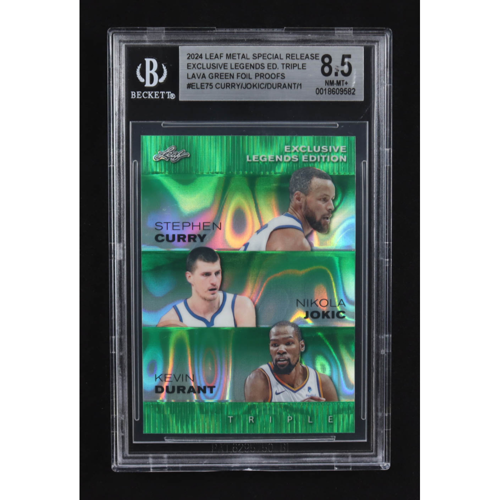 Nikola Jokic / Kevin Durant / Stephen Curry 2024 Leaf Metal Special Release Exclusive Legends Ed. Triple Lava Green Foil Proofs #ELE75 #1/1 (BGS 8.5) at PristineAuction.com