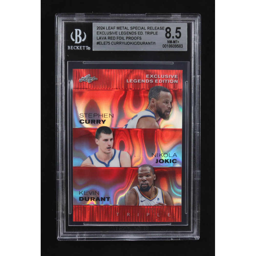 Nikola Jokic / Kevin Durant / Stephen Curry 2024 Leaf Metal Special Release Exclusive Legends Ed. Triple Lava Red Foil Proofs #ELE75 #1/1 (BGS 8.5) at PristineAuction.com