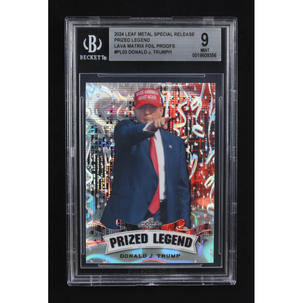 Donald J. Trump 2024 Leaf Metal Special Release Prized Legend Lava Matrix Foil Proofs #PL-03 #1/1 (BGS 9) at PristineAuction.com