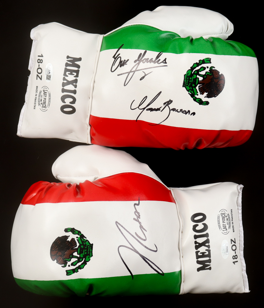 Mexican Boxing Kings | Set of (2) Mexico National Boxing Gloves Signed By (3) With Julio Cesar Chavez, Marco Antonio Barrera, & Erik Morales in Display Case (JSA) at PristineAuction.com Mexican Boxing Kings | Set of (2) Mexico National Boxing Gloves Signed By (3) With Julio Cesar Chavez, Marco Antonio Barrera, & Erik Morales in Display Case (JSA) at PristineAuction.com
