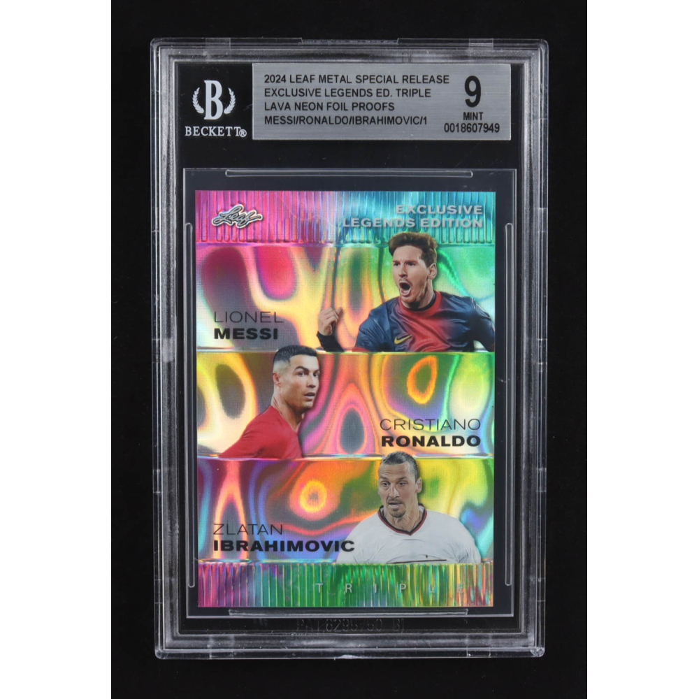 Lionel Messi / Cristiano Ronaldo / Zlatan Ibrahimovic 2024 Leaf Metal Special Release Exclusive Legends Ed. Triple Lava Neon Foil Proofs (BGS 9) at PristineAuction.com