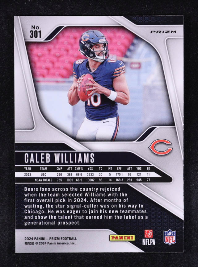 Caleb Williams 2024 Panini Prizm Prizms Red White and Blue #301 RC at PristineAuction.com Caleb Williams 2024 Panini Prizm Prizms Red White and Blue #301 RC at PristineAuction.com