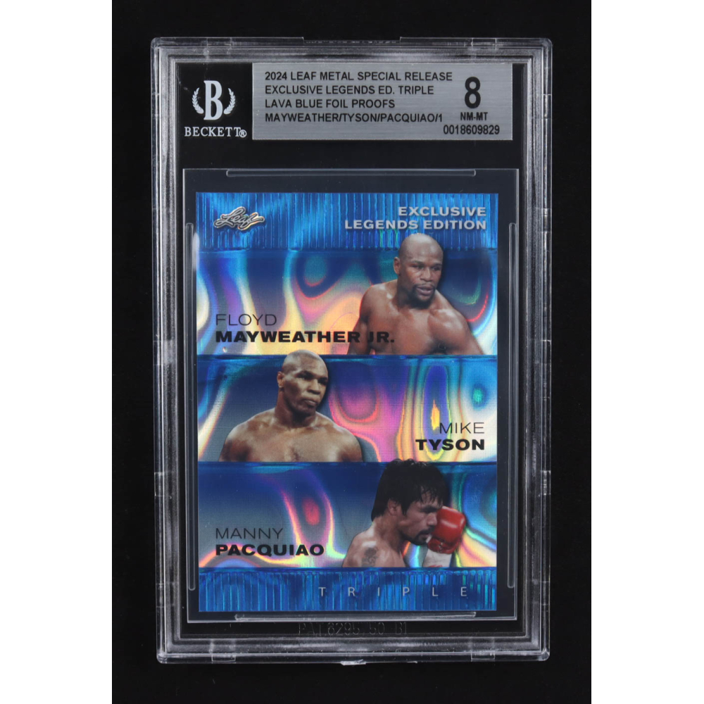 Mike Tyson / Floyd Mayweather Jr. / Manny Pacquiao 2024 Leaf Metal Special Release Exclusive Legends Ed. Triple Lava Blue Foil Proofs (BGS 8) at PristineAuction.com
