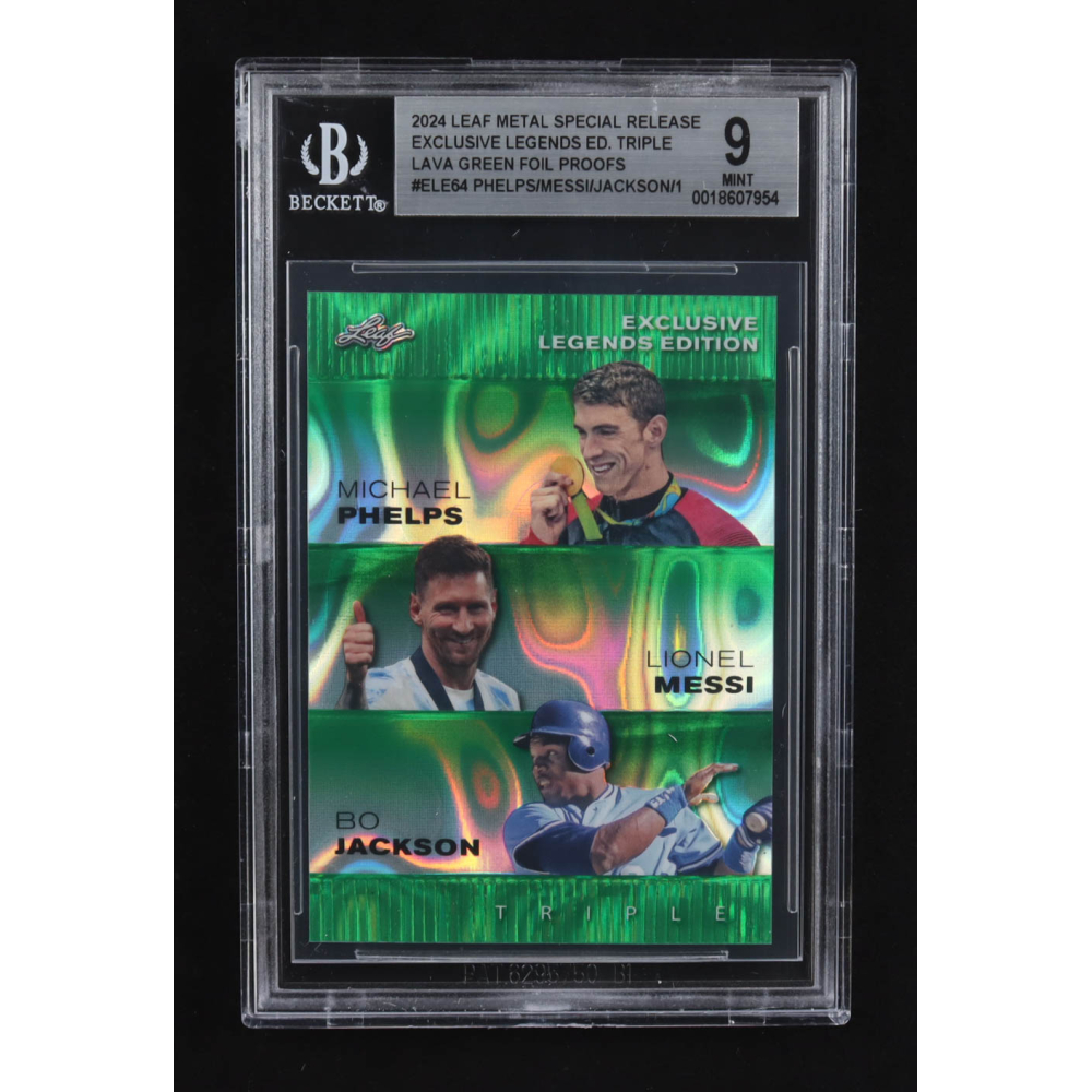 Lionel Messi / Michael Phelps / Bo Jackson 2024 Leaf Metal Special Release Exclusive Legends Ed. Triple Lava Green Foil Proofs #ELE64 (BGS 9) at PristineAuction.com