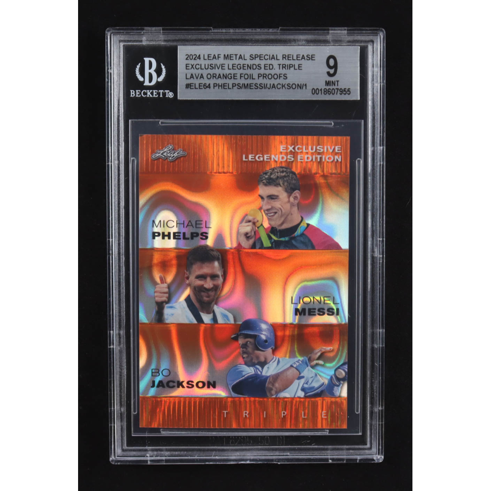 Lionel Messi / Michael Phelps / Bo Jackson 2024 Leaf Metal Special Release Exclusive Legends Ed. Triple Lava Orange Foil Proofs #ELE64 (BGS 9) at PristineAuction.com