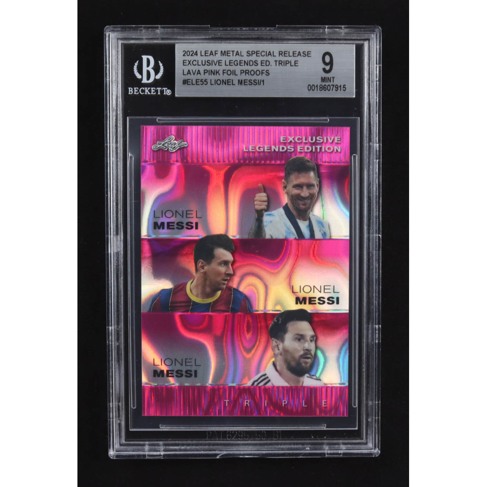 Lionel Messi / Lionel Messi / Lionel Messi 2024 Leaf Metal Special Release Exclusive Legends Ed. Triple Lava Pink Foil Proofs #ELE55 (BGS 9) at PristineAuction.com