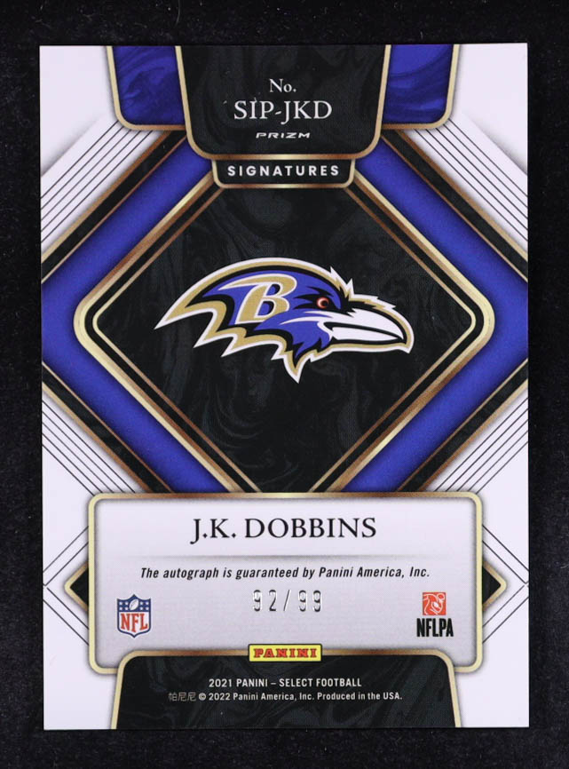 J.K. Dobbins 2021 Select Signatures Prizm #13 #92/99 at PristineAuction.com J.K. Dobbins 2021 Select Signatures Prizm #13 #92/99 at PristineAuction.com