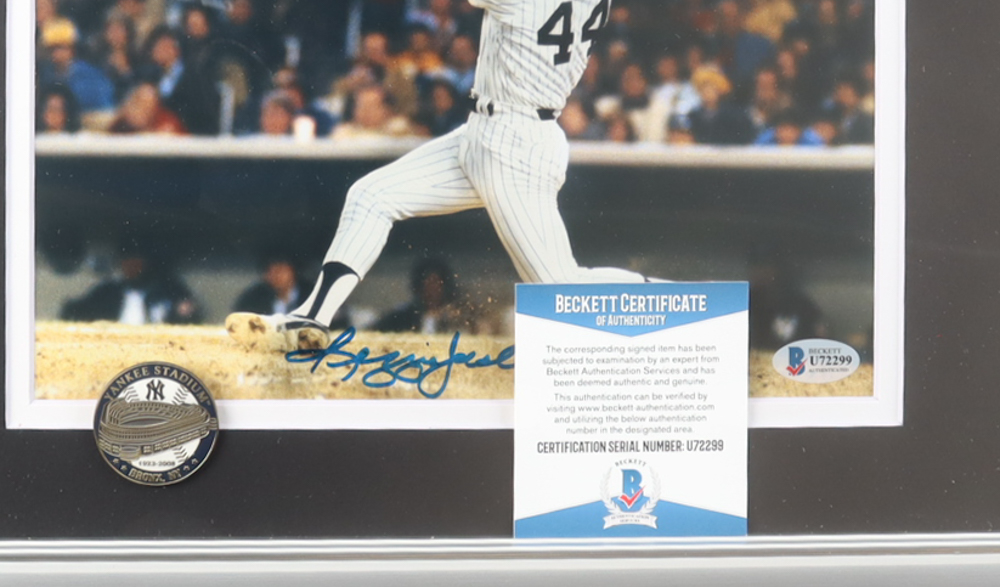 Reggie Jackson Signed Yankees Custom Framed Photo Display With Vintage Yankee Stadium Pin (Beckett) at PristineAuction.com Reggie Jackson Signed Yankees Custom Framed Photo Display With Vintage Yankee Stadium Pin (Beckett) at PristineAuction.com