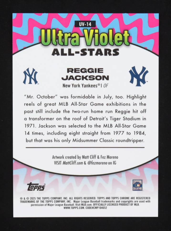 Reggie Jackson 2025 Topps Chrome Ultra Violet All-Stars Gold Refractors #UV14 #1/50 at PristineAuction.com Reggie Jackson 2025 Topps Chrome Ultra Violet All-Stars Gold Refractors #UV14 #1/50 at PristineAuction.com