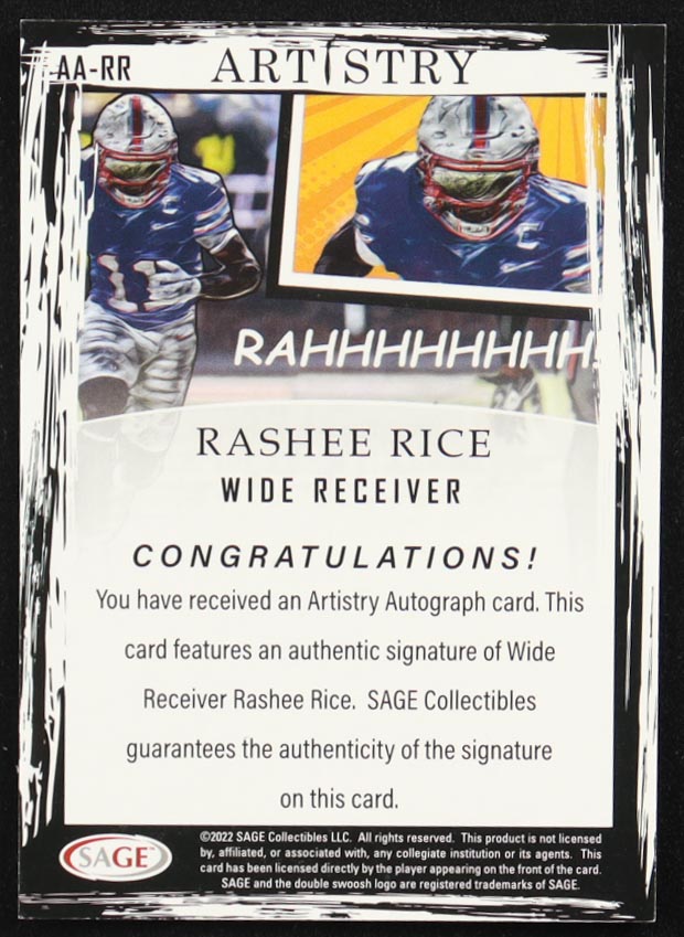 Rashee Rice 2022 SAGE Artistry Autograph Green #AARR #2/5 RC at PristineAuction.com Rashee Rice 2022 SAGE Artistry Autograph Green #AARR #2/5 RC at PristineAuction.com