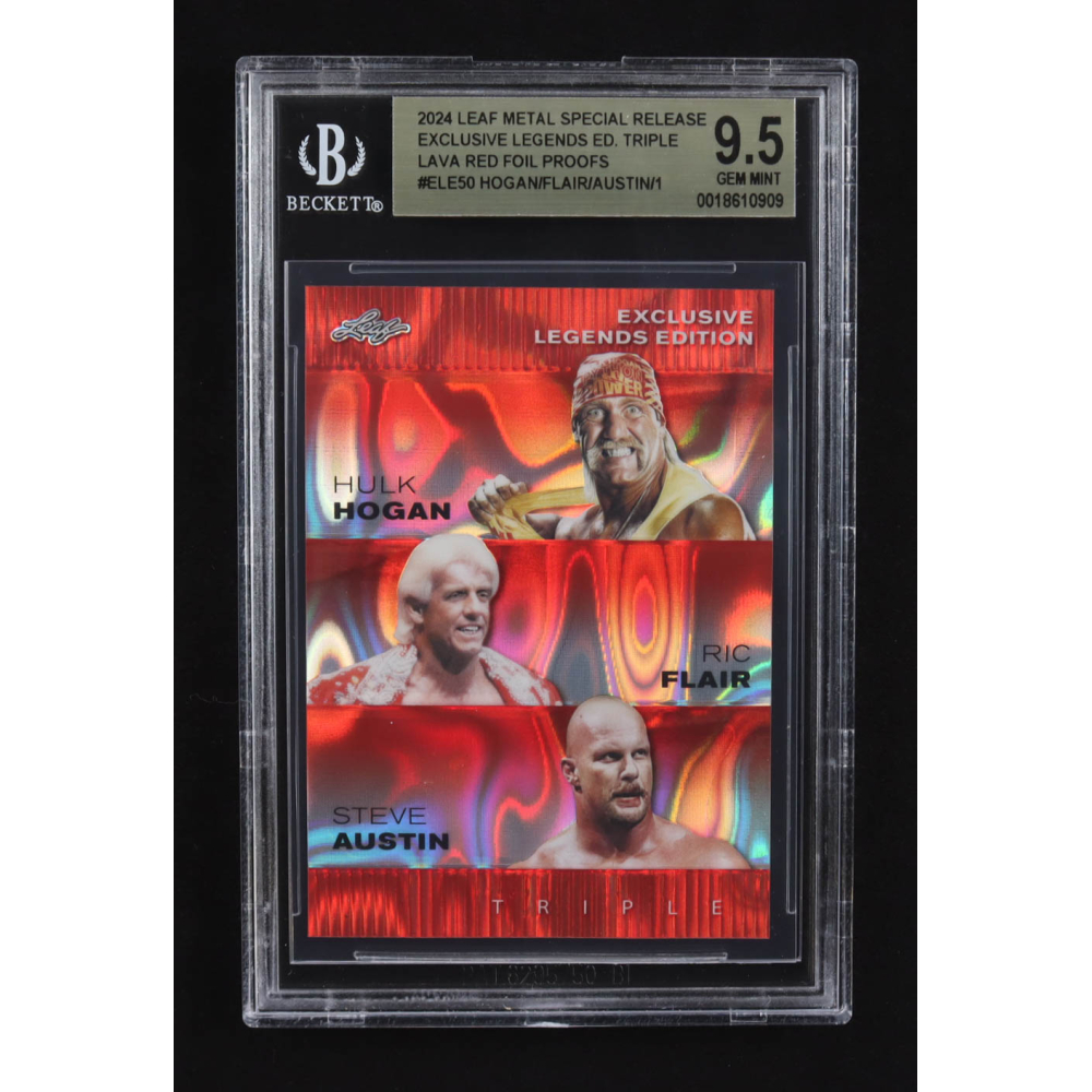 Steve Austin / Hulk Hogan / Ric Flair 2024 Leaf Metal Special Release Exclusive Legends Ed. Triple Lava Red Foil Proofs #ELE50 (BGS 9.5) at PristineAuction.com