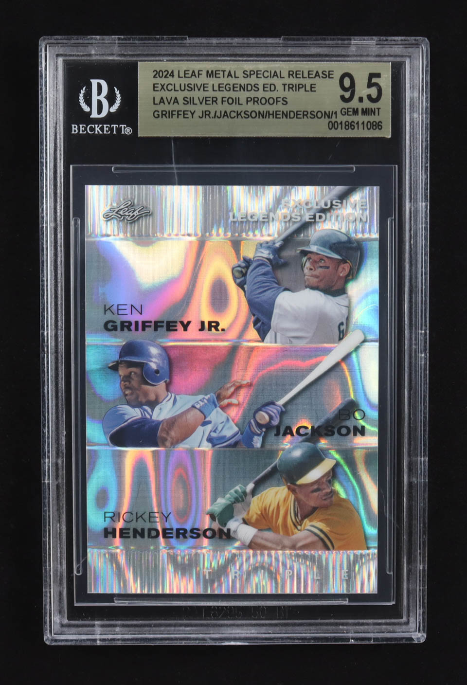 Ken Griffey Jr. / Bo Jackson / Rickey Henderson 2024 Leaf Metal Special Release Exclusive Legends Ed. Triple Lava Silver Foil Proofs (BGS 9.5) at PristineAuction.com Ken Griffey Jr. / Bo Jackson / Rickey Henderson 2024 Leaf Metal Special Release Exclusive Legends Ed. Triple Lava Silver Foil Proofs (BGS 9.5) at PristineAuction.com