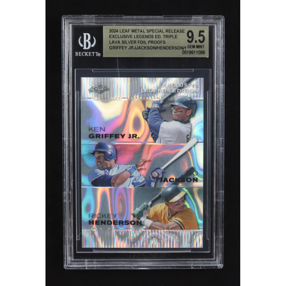 Ken Griffey Jr. / Bo Jackson / Rickey Henderson 2024 Leaf Metal Special Release Exclusive Legends Ed. Triple Lava Silver Foil Proofs (BGS 9.5) at PristineAuction.com